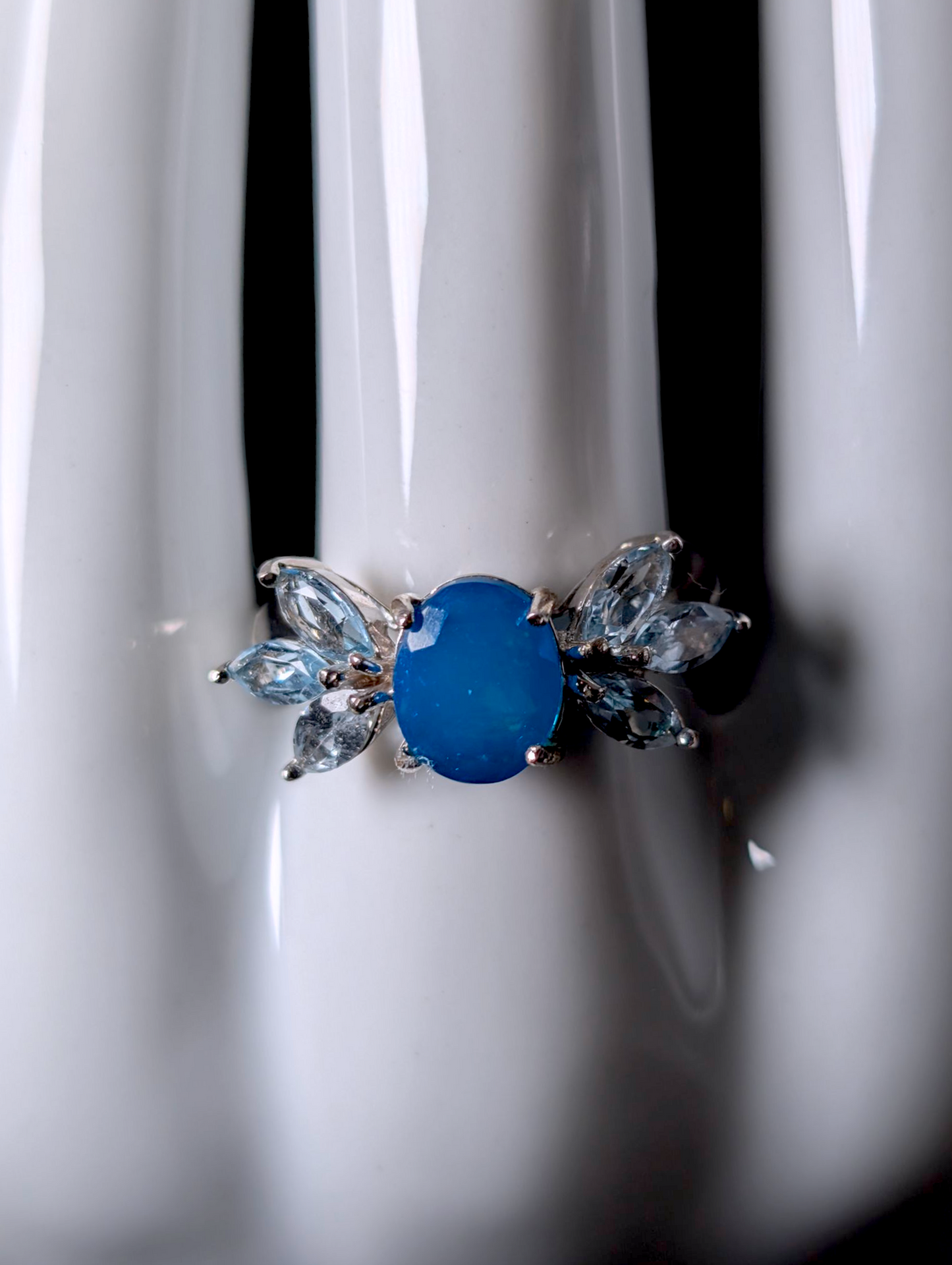 Vintage Oval Cut Genuine Blue Opal Solitaire with Sky Blue Topaz Wing Accent Stones Sterling Silver Ring