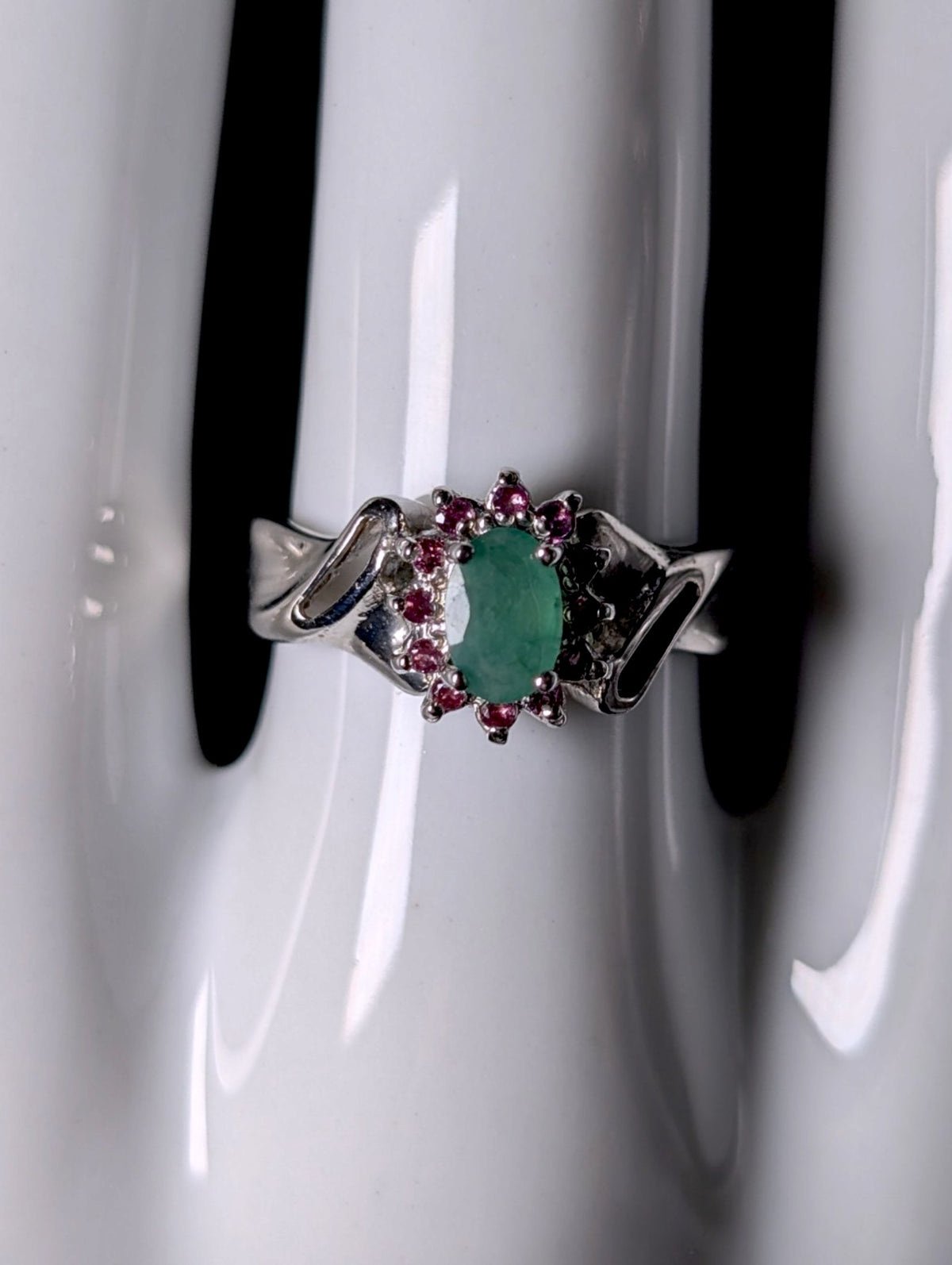Vintage Genuine Emerald Solitaire with Pink Tourmaline Starburst Halo Sterling Silver Ring