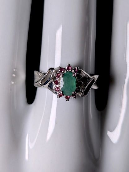 Vintage Genuine Emerald Solitaire with Pink Tourmaline Starburst Halo Sterling Silver Ring