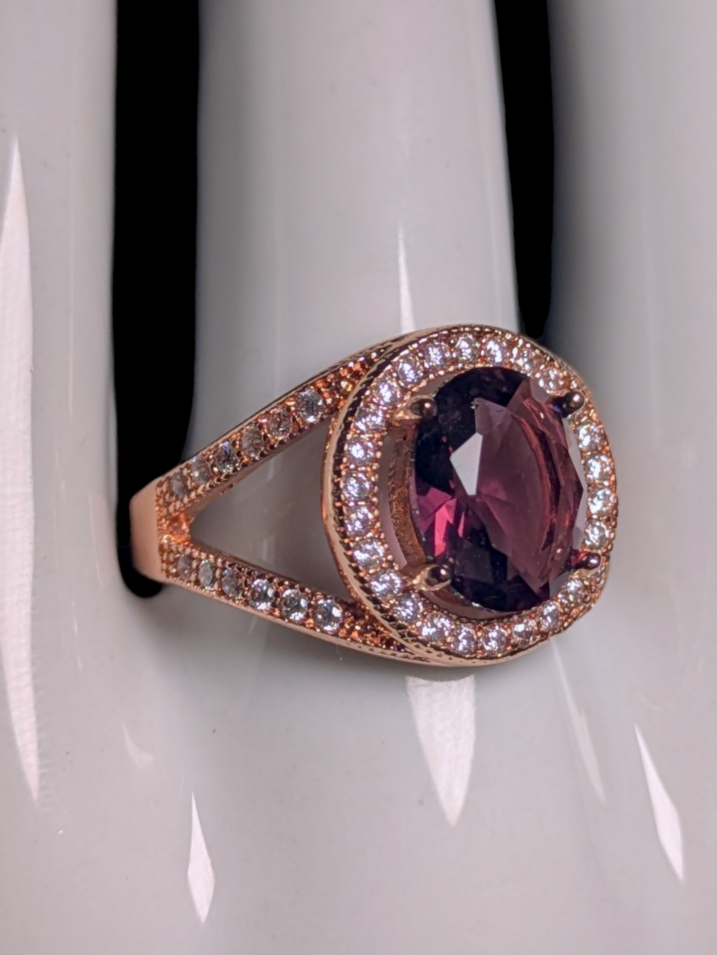 Vintage Inspired Oval Cut Simulated Amethyst with Simulated Diamond Halo Rose Gold Toned Statement Ring