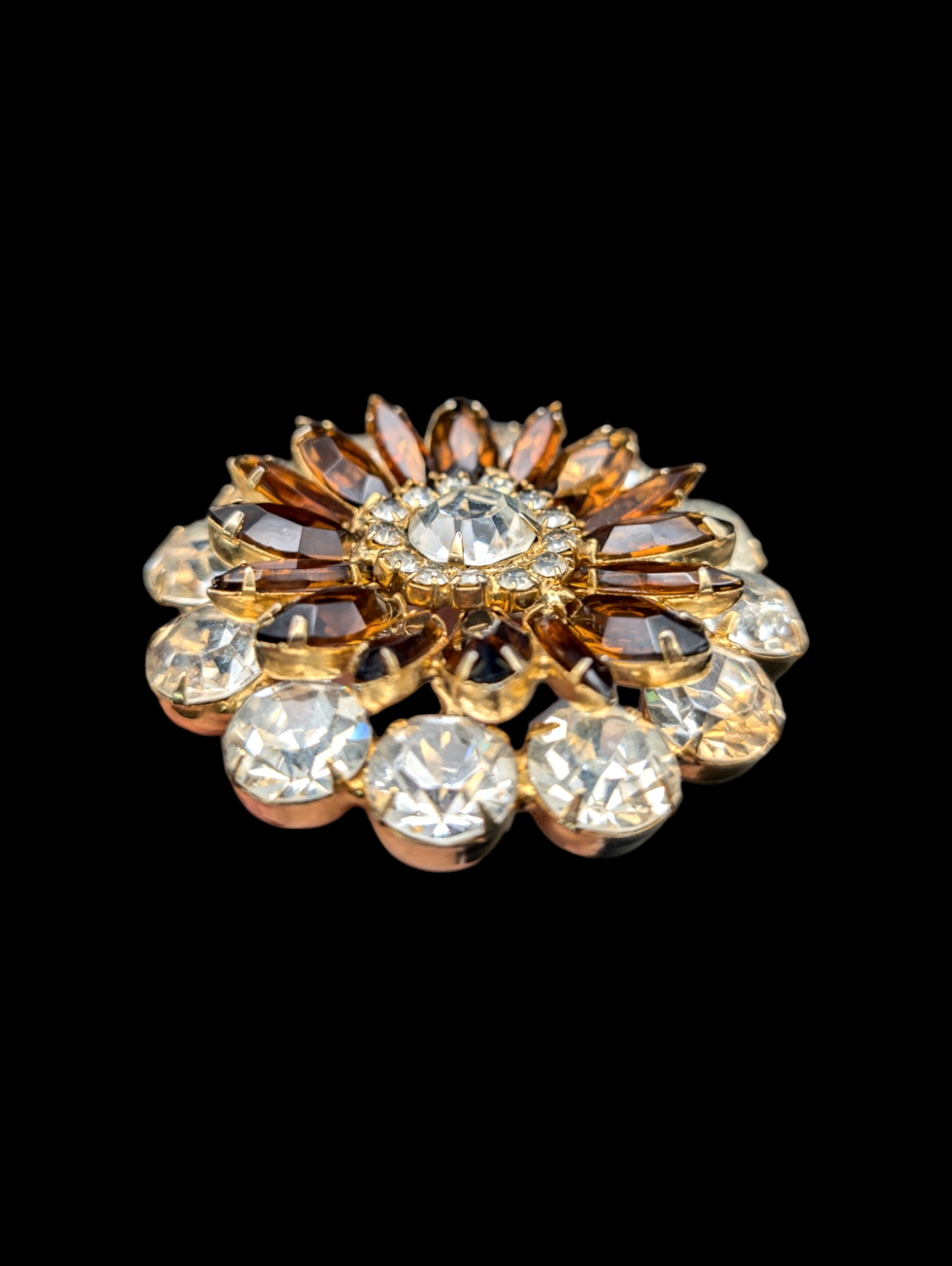 1940s Rare Large Juliana Smokey Topaz Starburst Layered Stacked Crystal Rhinestone Brooch