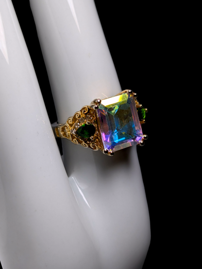 Vintage Emerald Cut Solitaire Genuine Mystic Topaz with Chrome Diopside and Zircon Accents 14k and Sterling Silver Ring