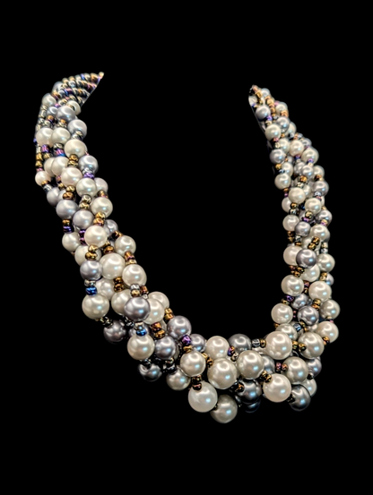 Vintage Unique 6 Strand Glass Pearl and Peacock Colored Crystal Bead Statement Necklace