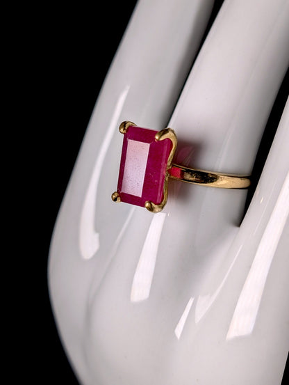 Vintage Emerald Cut Genuine Red Gemstone Solitaire Prong Set 10k Yellow Gold Ring