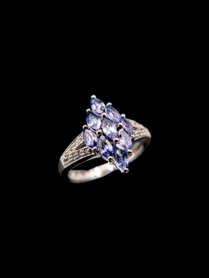 Vintage Cluster Genuine Tanzanite and White Topaz Split Shank Sterling Silver 925 Ring