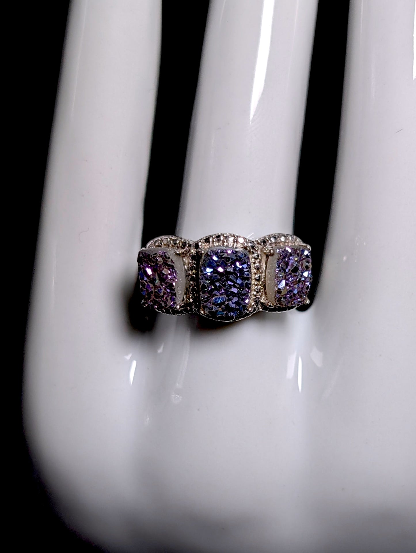 Vintage 3 Stone Genuine Druzy Quartz Sterling Silver Band Ring