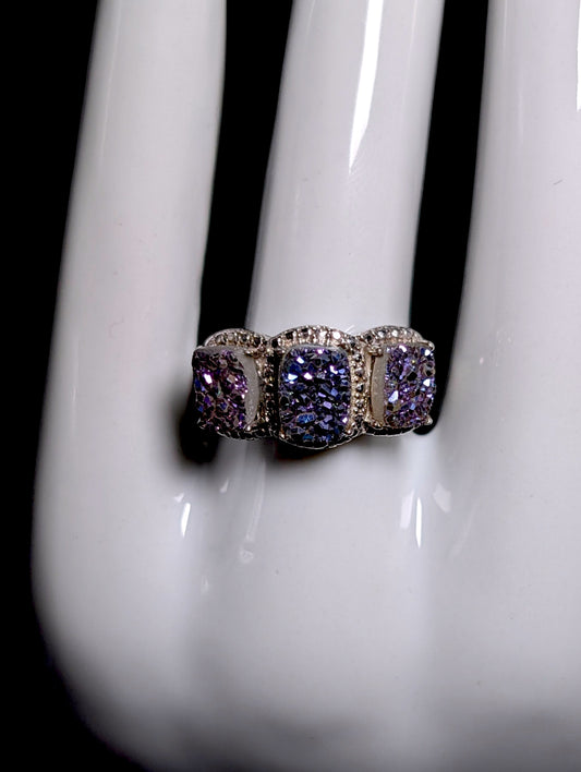 Vintage 3 Stone Genuine Druzy Quartz Sterling Silver Band Ring