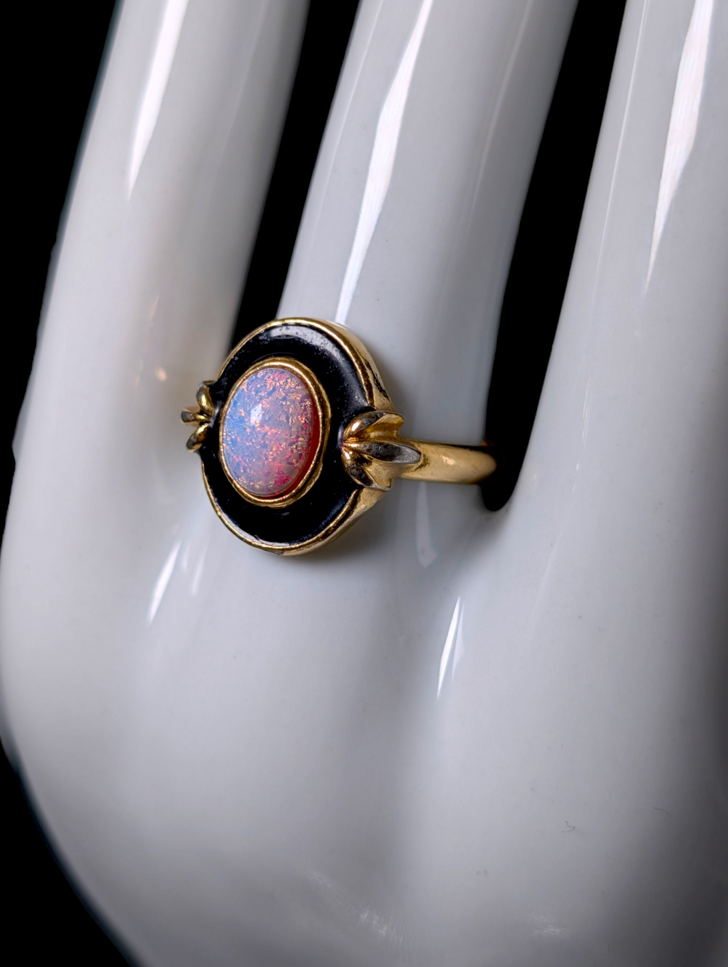 Vintage Art Deco Inspired Black Enamel Cabochon Cut Simulated Fire Opal Gold Toned Ring