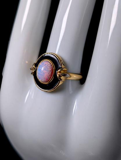 Vintage Art Deco Inspired Black Enamel Cabochon Cut Simulated Fire Opal Gold Toned Ring