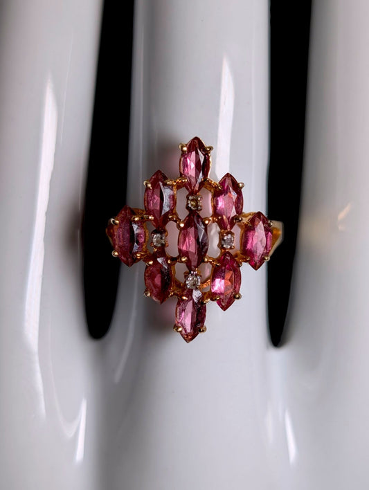 Vintage 14k Gold Genuine Pink Tourmaline and Diamond Cluster Waterfall Statement Ring