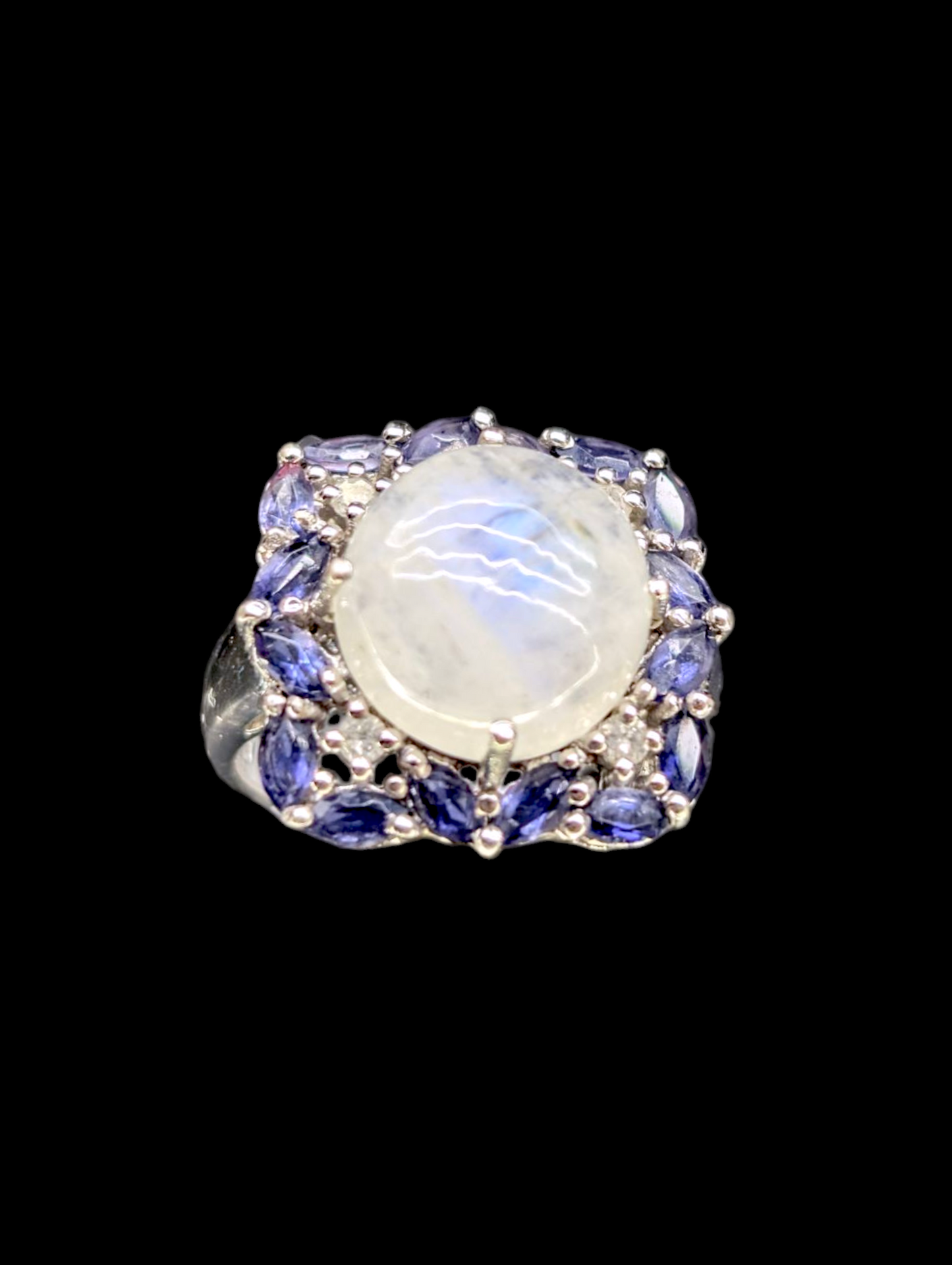 Vintage Large Genuine White Rainbow Moonstone and Tanzanite with Diamond Rhodium over Sterling Silver Ring