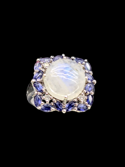 Vintage Large Genuine White Rainbow Moonstone and Tanzanite with Diamond Rhodium over Sterling Silver Ring