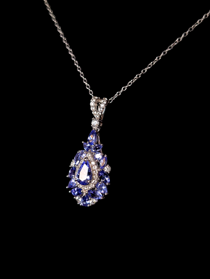 Vintage Earth Mined Genuine Tanzanite and White Zircon Sterling Teardrop Pendant and Sterling Silver Chain Necklace
