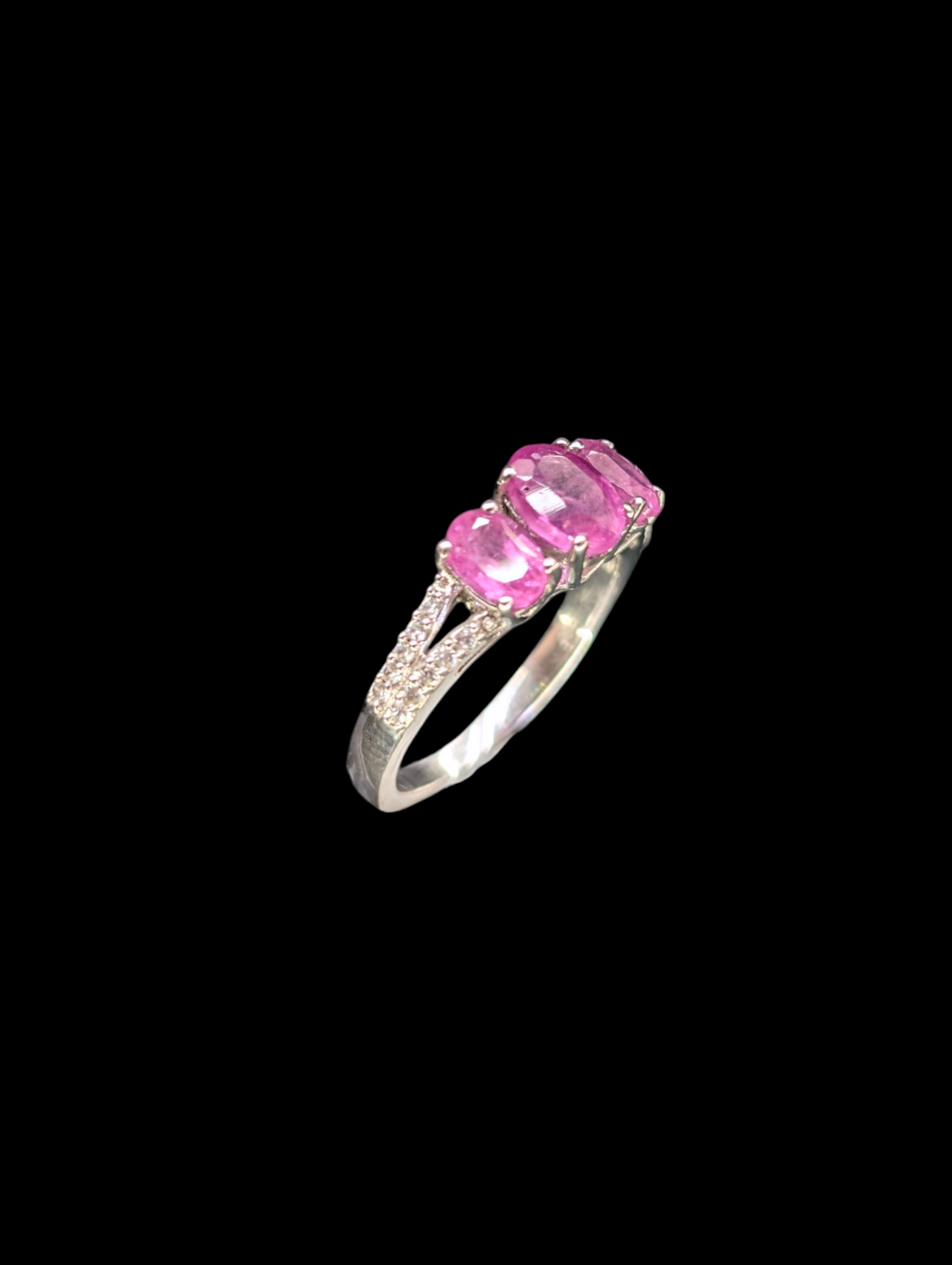 Vintage Three Stone Genuine Ruby and White Topaz Split Shank Sterling Silver Ring