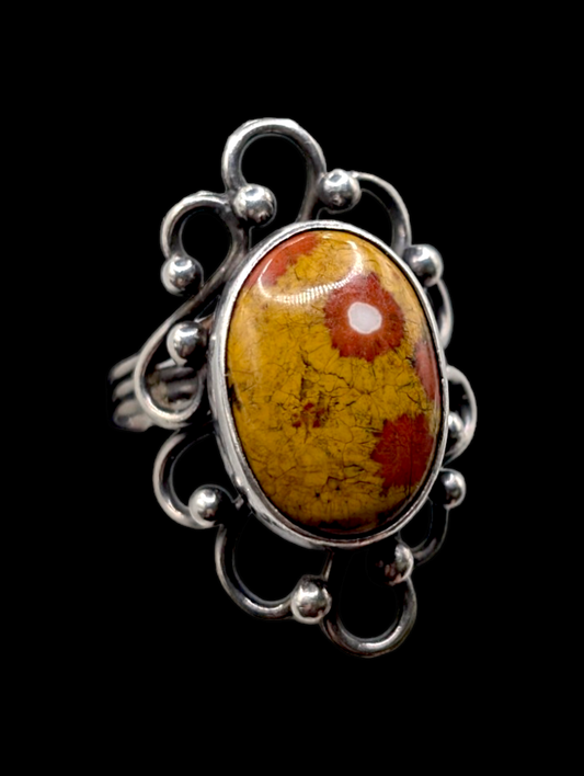 Vintage Unique Orbicular Jasper And Sterling Silver Filigree Cabochon 925