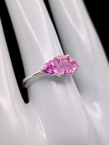 Vintage Inspired Pink Sapphire Sterling Silver Pendant, Necklace and 3 Stone Emerald Trillion Cut Ring Set