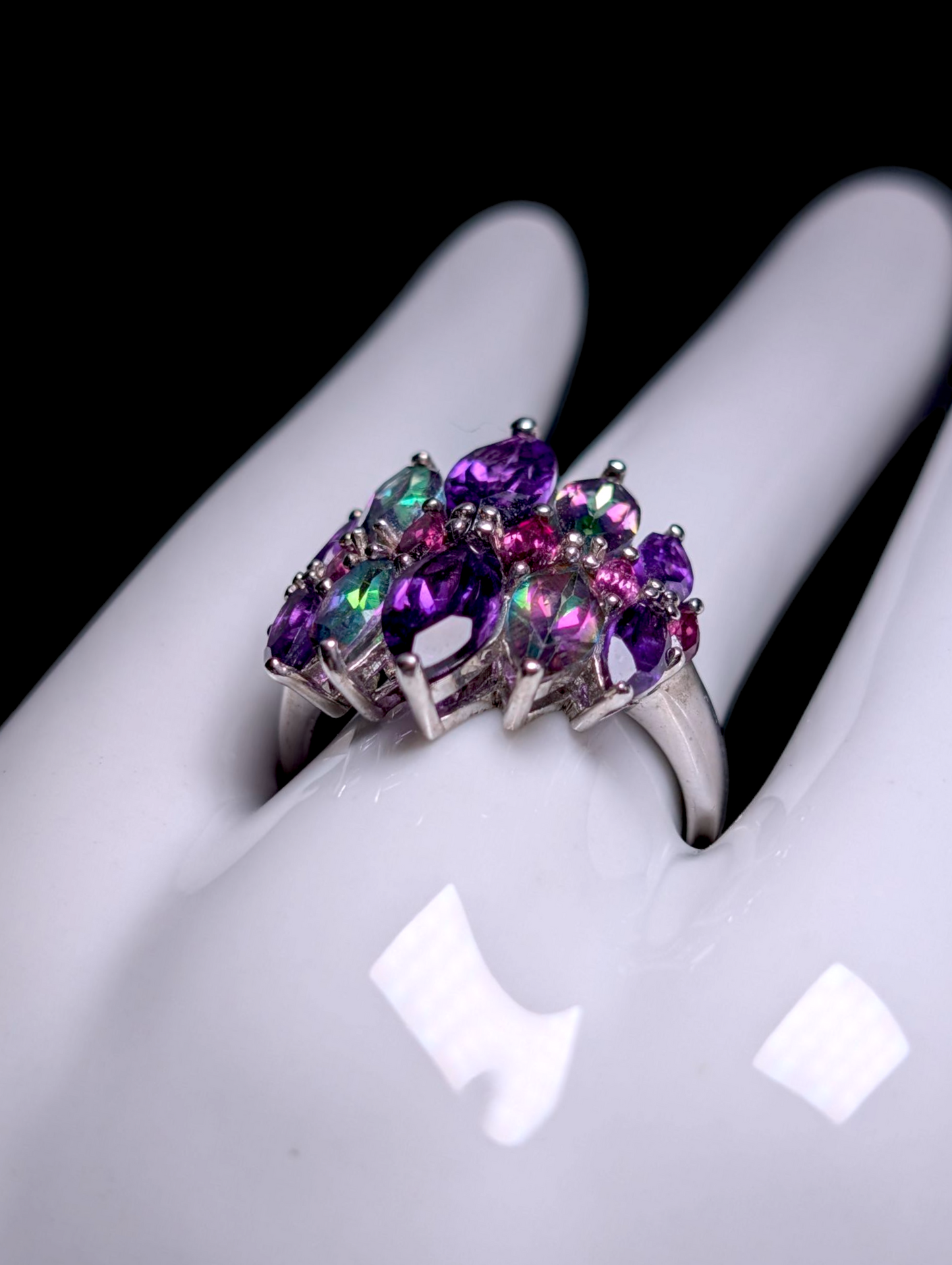 Vintage Art Deco Inspired Genuine Northern Lights Mystic Topaz, Grape Amethyst and Rhodolite Garnet Sterling Silver Cluster Cocktail Statement Ring