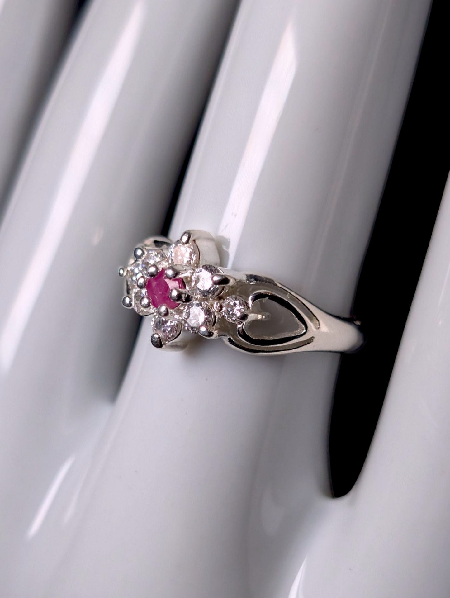 Vintage Starburst Earth Mined Genuine Ruby and Simulated Diamond Sterling Silver Ring