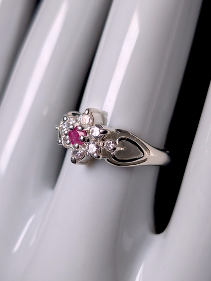 Vintage Starburst Earth Mined Genuine Ruby and Simulated Diamond Sterling Silver Ring
