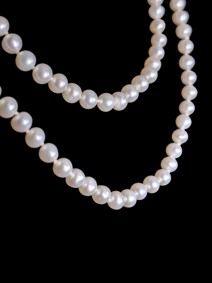 Vintage 35" Long White Hand Knotted Genuine Freshwater Pearl Round Shape Continuous Single Strand Necklace