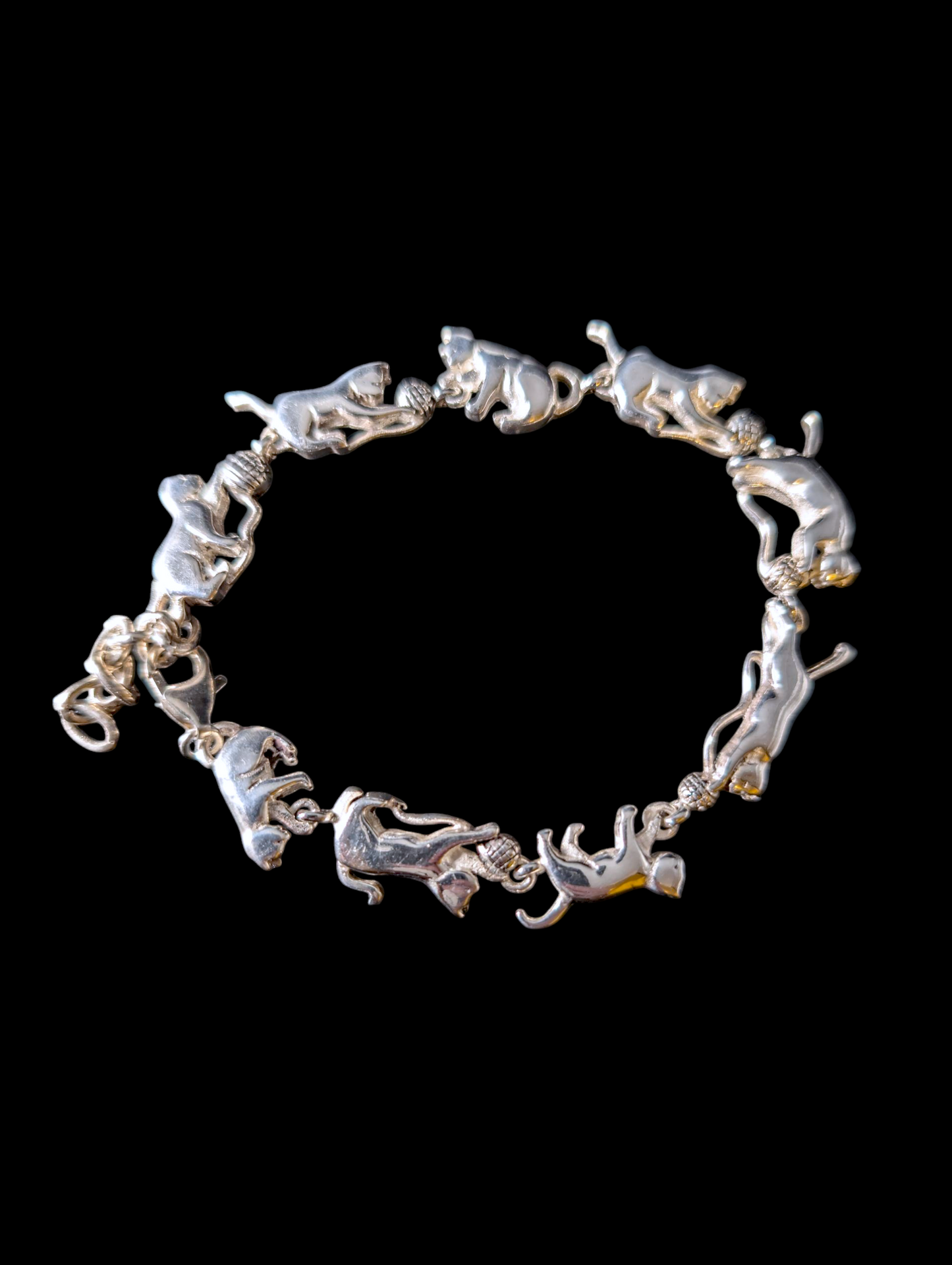 Vintage Cat's Chasing Yarn Sterling Silver Adjustable Link Bracelet with Lobster Clasp