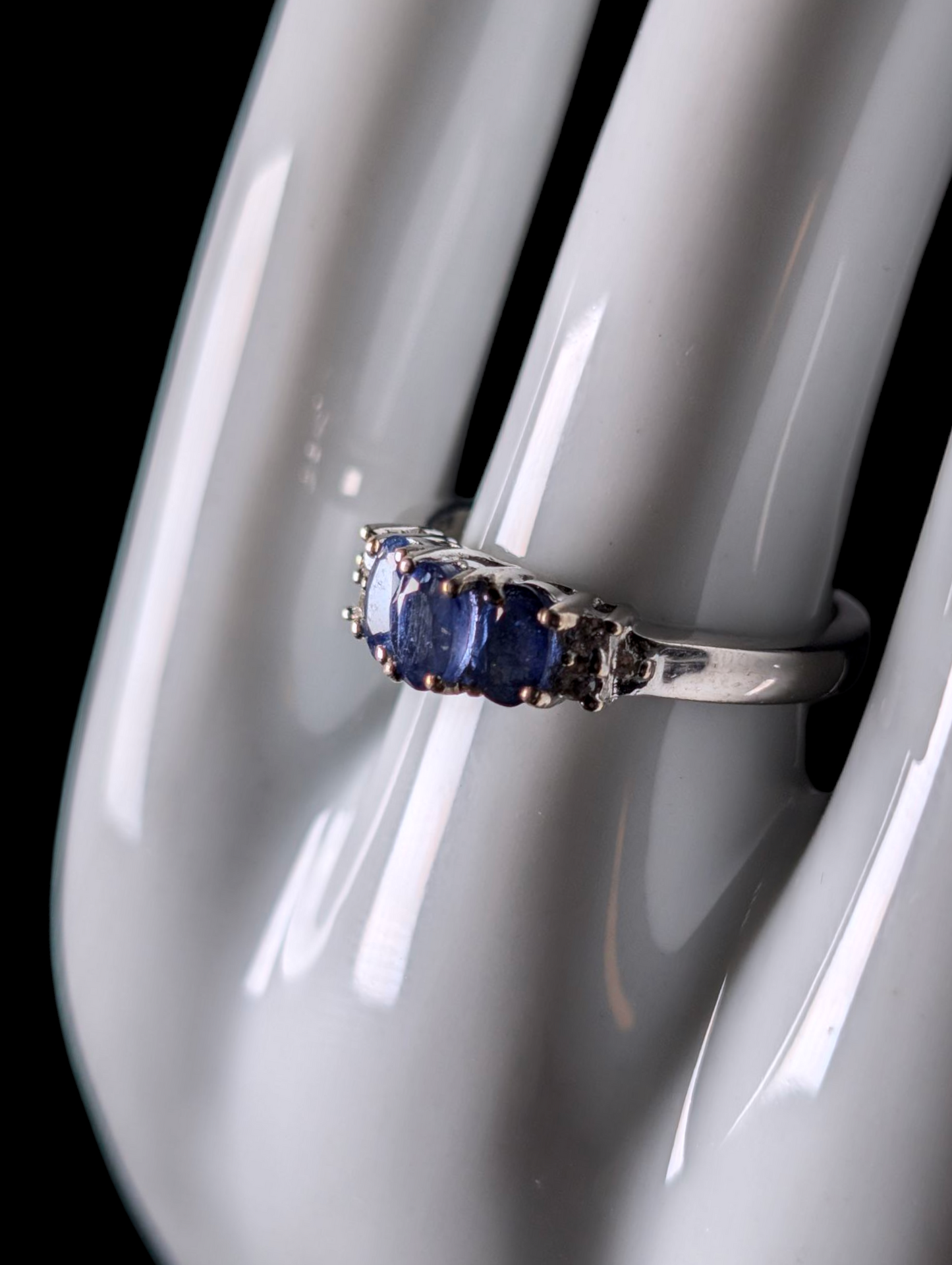 Vintage Dainty Three Stone Genuine Blue Kyanite and White Zircon Sterling Silver Ring