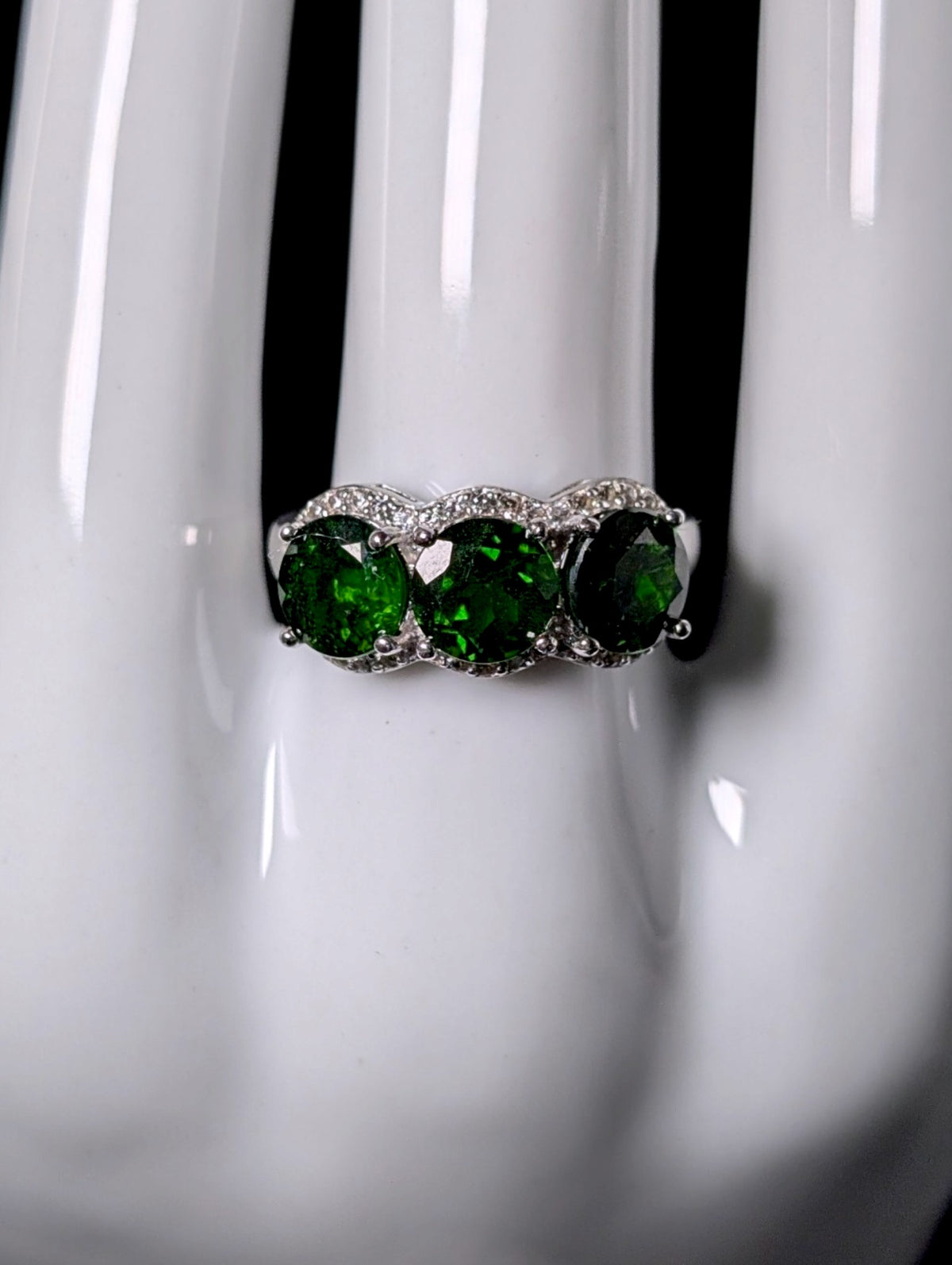 Vintage 3 Stone Row Genuine Chrome Diopside and White Topaz Sterling Silver Ring