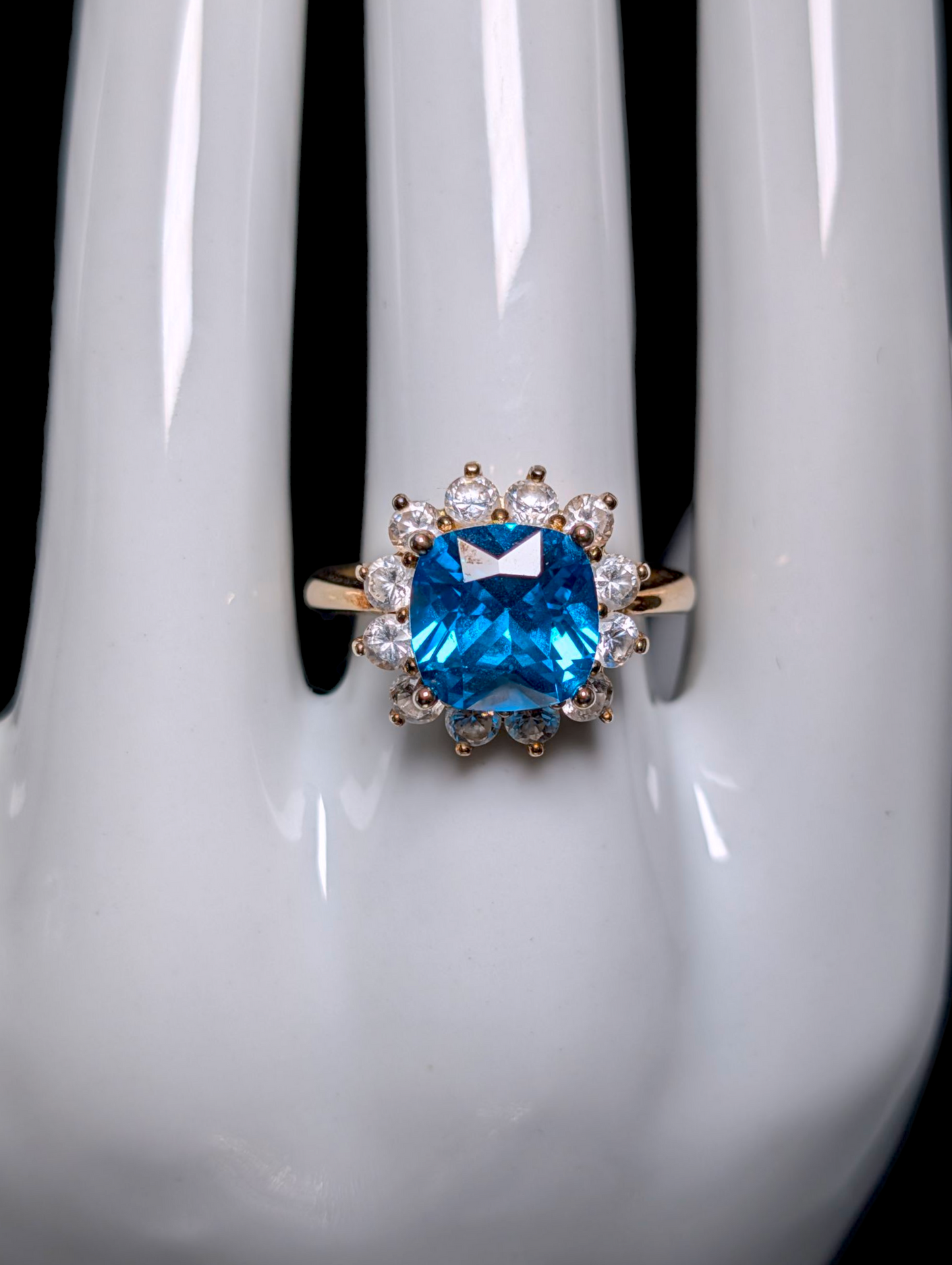 Vintage 1950s Inspired Cushion Cut Simulated Swiss Blue Topaz with Simulated Diamond Starburst Halo Gold over Sterling Cocktail Ring