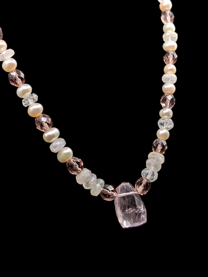 Vintage Genuine Pearl and Rose Quartz Crystal Pendant Necklace