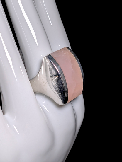 Vintage Italian Designer Modernist Bezel Set Verified Rose Quartz Solitaire Sterling Silver Statement Ring