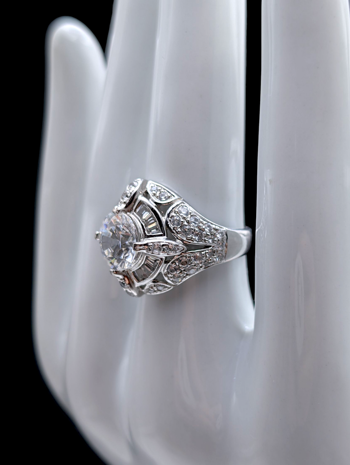 Vintage Art Deco Inspired Round Brilliant Cut Simulated Diamond Sterling Silver Vacation Ring
