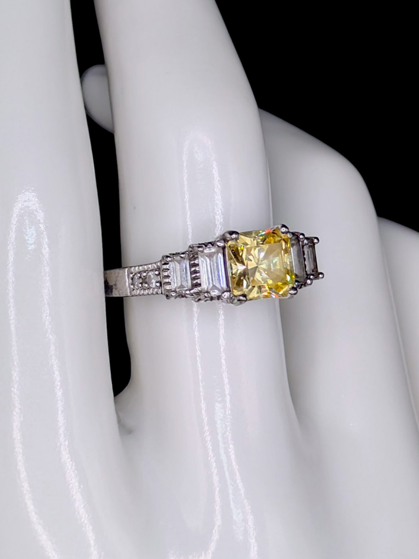 Vintage Square Radiant Cut Simulated Yellow Topaz Solitaire on Ornate Carved Mount Sterling Silver Ring