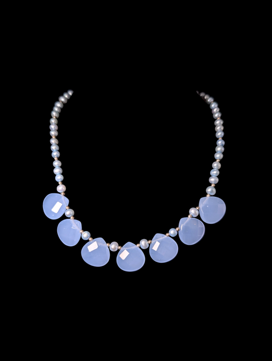 Vintage Faceted Teardrop Genuine Blue Chalcedony and Blue Button Pearl Sterling Silver Necklace
