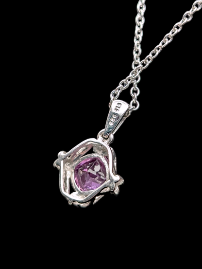 Vintage Inspired Pink Sapphire Sterling Silver Pendant, Necklace and 3 Stone Emerald Trillion Cut Ring Set