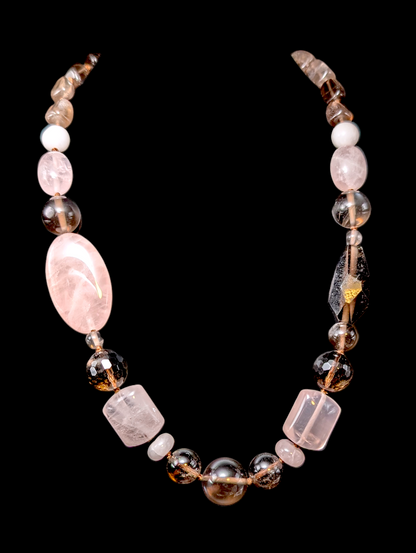 Vintage Hand Knotted Mixed Genuine Quartz and Agate Chunky Multi-Cut Necklace
