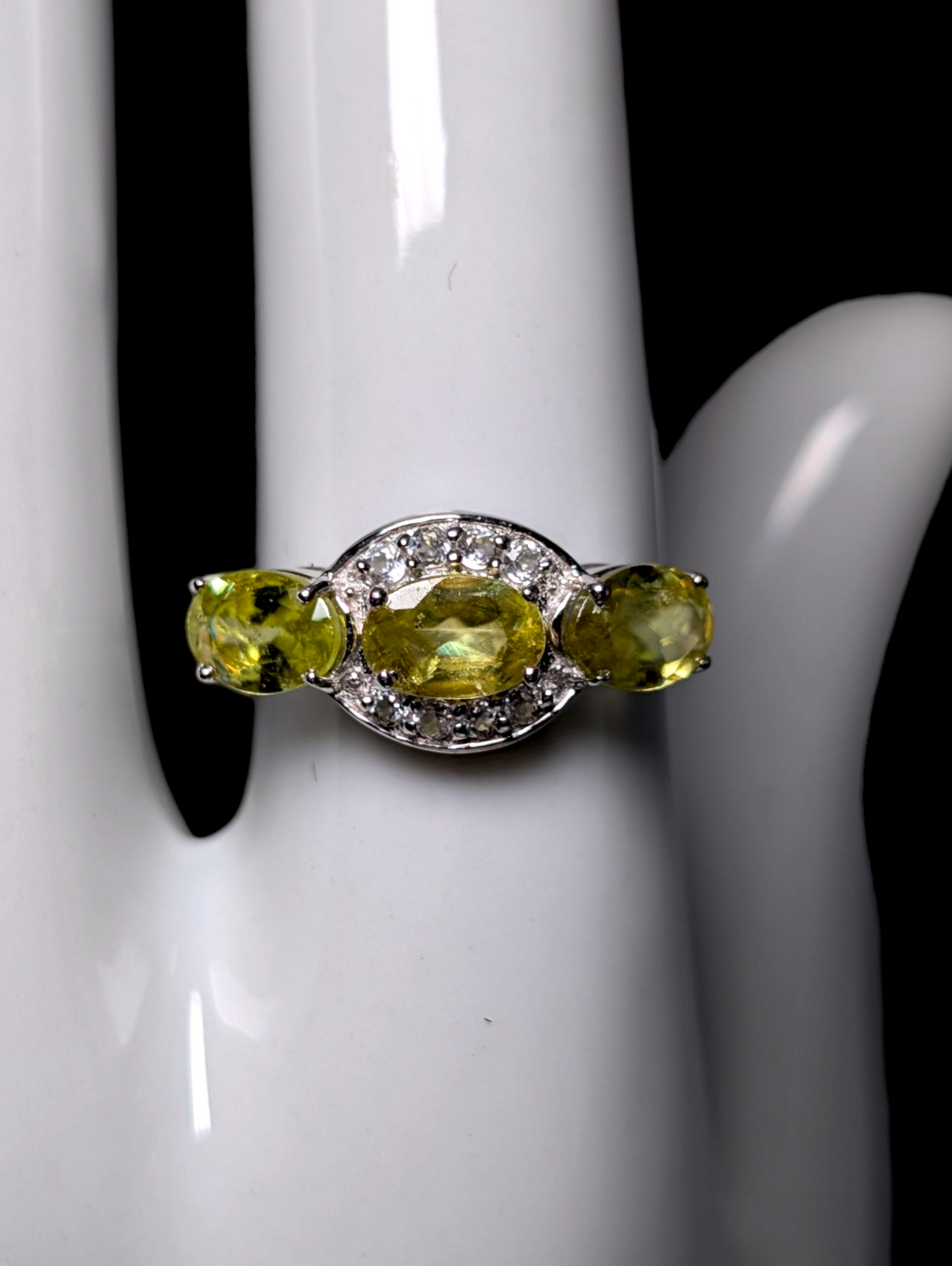 Vintage Three Stone Genuine Peridot with White Topaz Halo Sterling Silver Ring