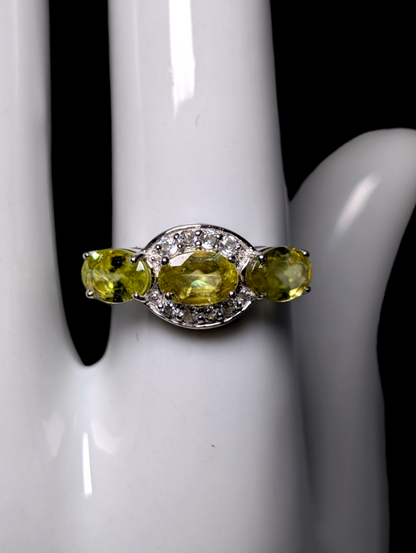 Vintage Three Stone Genuine Peridot with White Topaz Halo Sterling Silver Ring