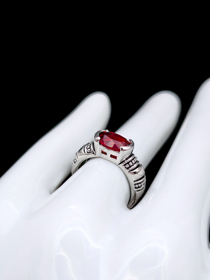 Vintage Oval Cut Simulated Red Garnet Solitaire Lia Sophia Silver Toned Studded Ring