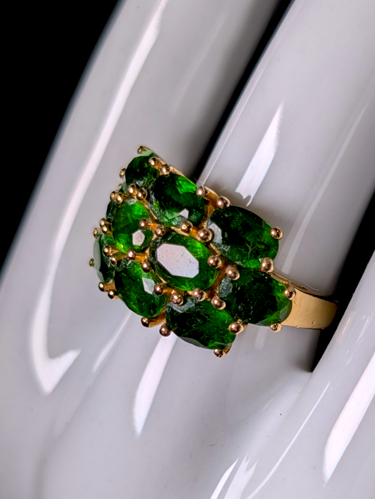 Vintage Three Row Oval Cut Genuine Chrome Diopside 18k Yellow Gold Vermeil Ring
