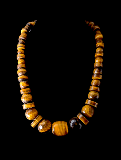 Vintage Designer Artesian Chunky Earth Mined Genuine Tiger's Eye Polished Beaded Sterling Silver Necklace