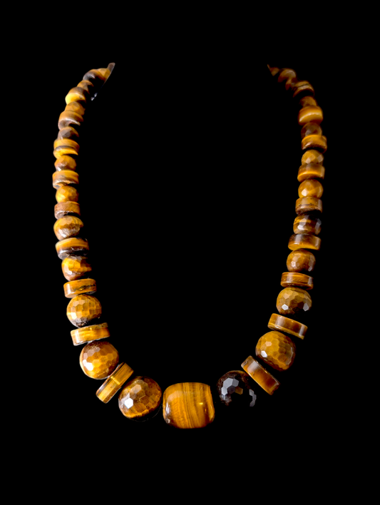 Vintage Designer Artesian Chunky Earth Mined Genuine Tiger's Eye Polished Beaded Sterling Silver Necklace