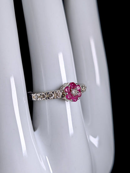Vintage Genuine Ruby Flower and Simulated Diamond Sterling Plated Band Ring