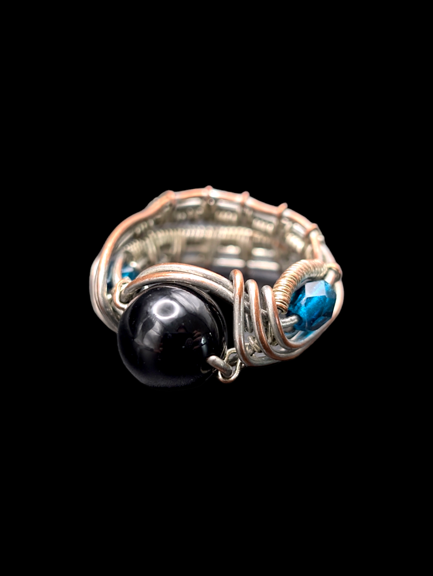 Vintage Black Agate Bead Copper Wire Wrapped Bead Ring