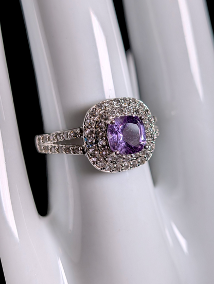 Vintage Cushion Cut Genuine Purple Amethyst Solitaire with White Zircon Double Halo Sterling Silver Ring