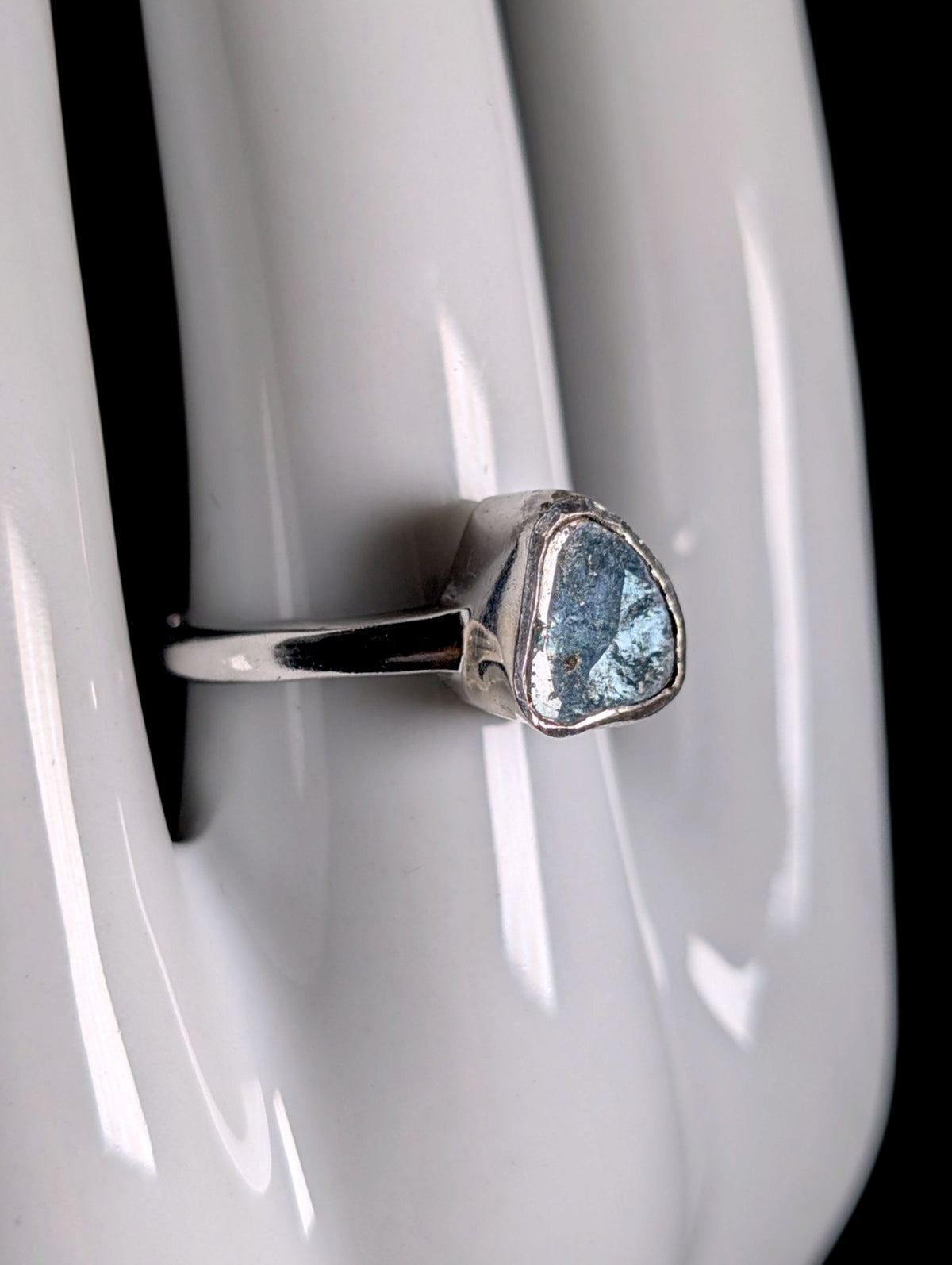 Vintage Raw Bezel Set Genuine Blue Diamond Solitaire Sterling Silver Ring
