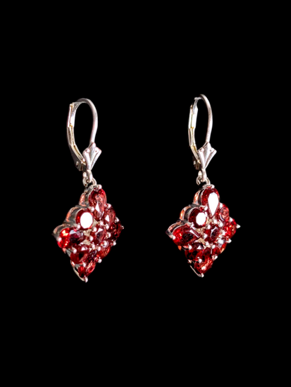 Vintage Cluster Dangle Genuine Red Garnet Leverback Sterling Silver Earrings