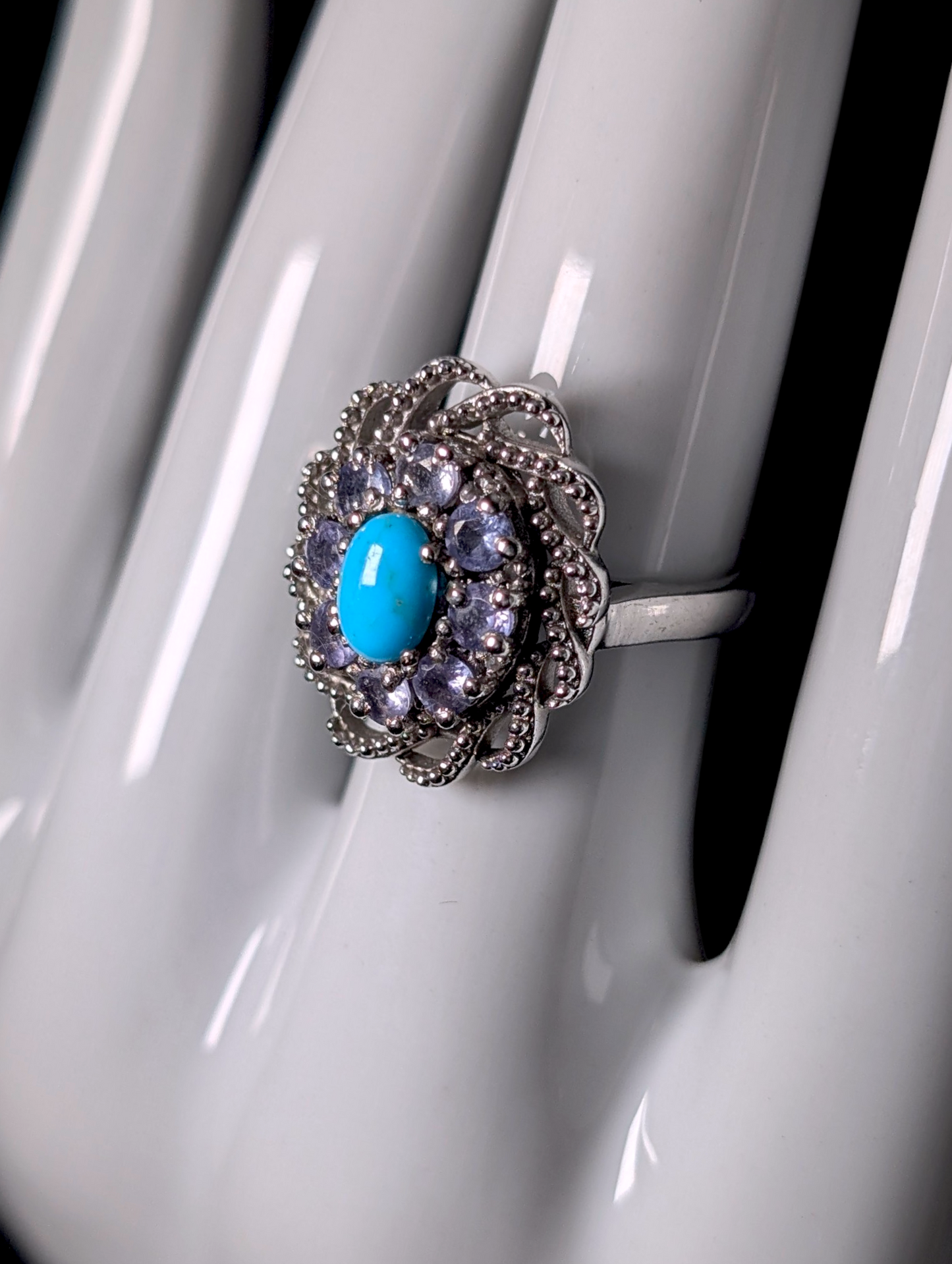Vintage Cabochon Cut Solitaire Genuine Sleeping Beauty Turquoise Halo Sterling Silver Filigree Ring