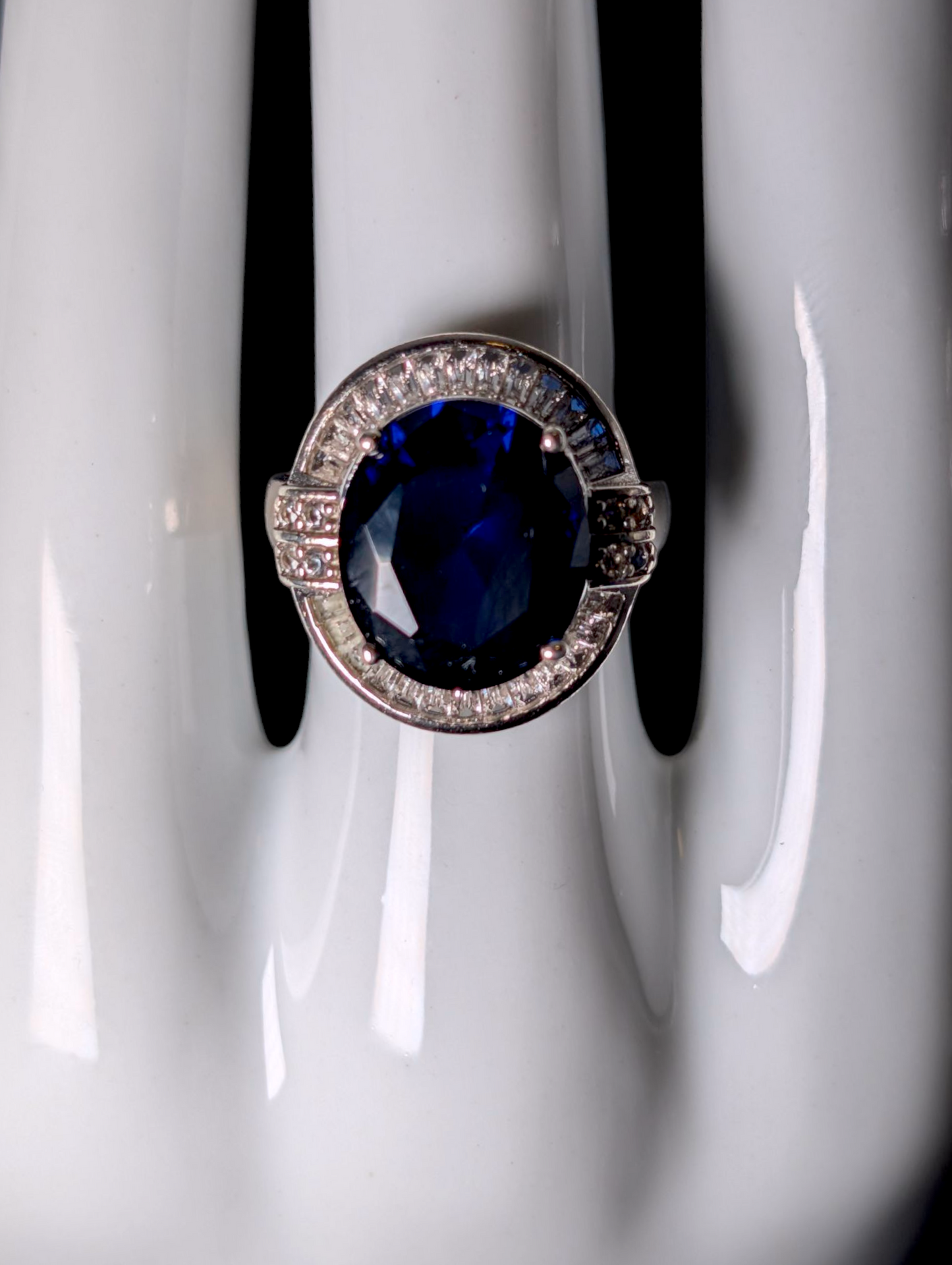 Vintage Inspired Large Oval Cut Genuine Blue Sapphire and White Sapphire Halo with White Zircon Accent Stones Sterling Silver Ring