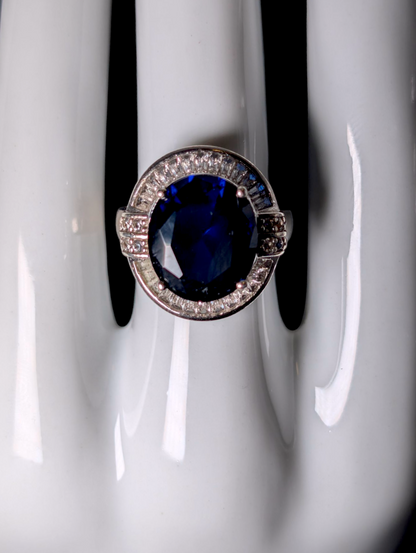 Vintage Inspired Large Oval Cut Genuine Blue Sapphire and White Sapphire Halo with White Zircon Accent Stones Sterling Silver Ring