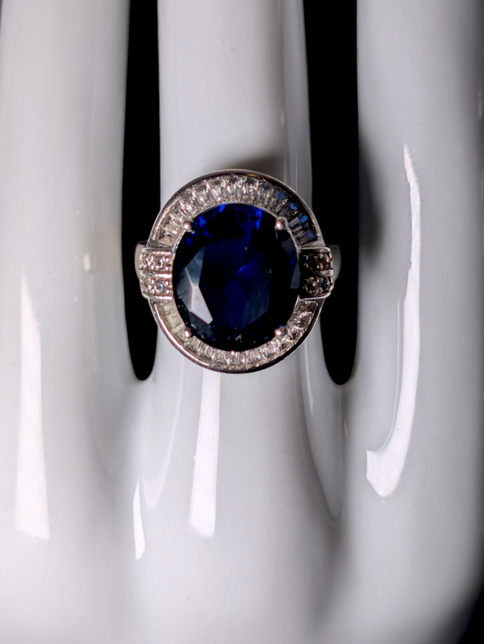Vintage Inspired Large Oval Cut Genuine Blue Sapphire and White Sapphire Halo with White Zircon Accent Stones Sterling Silver Ring